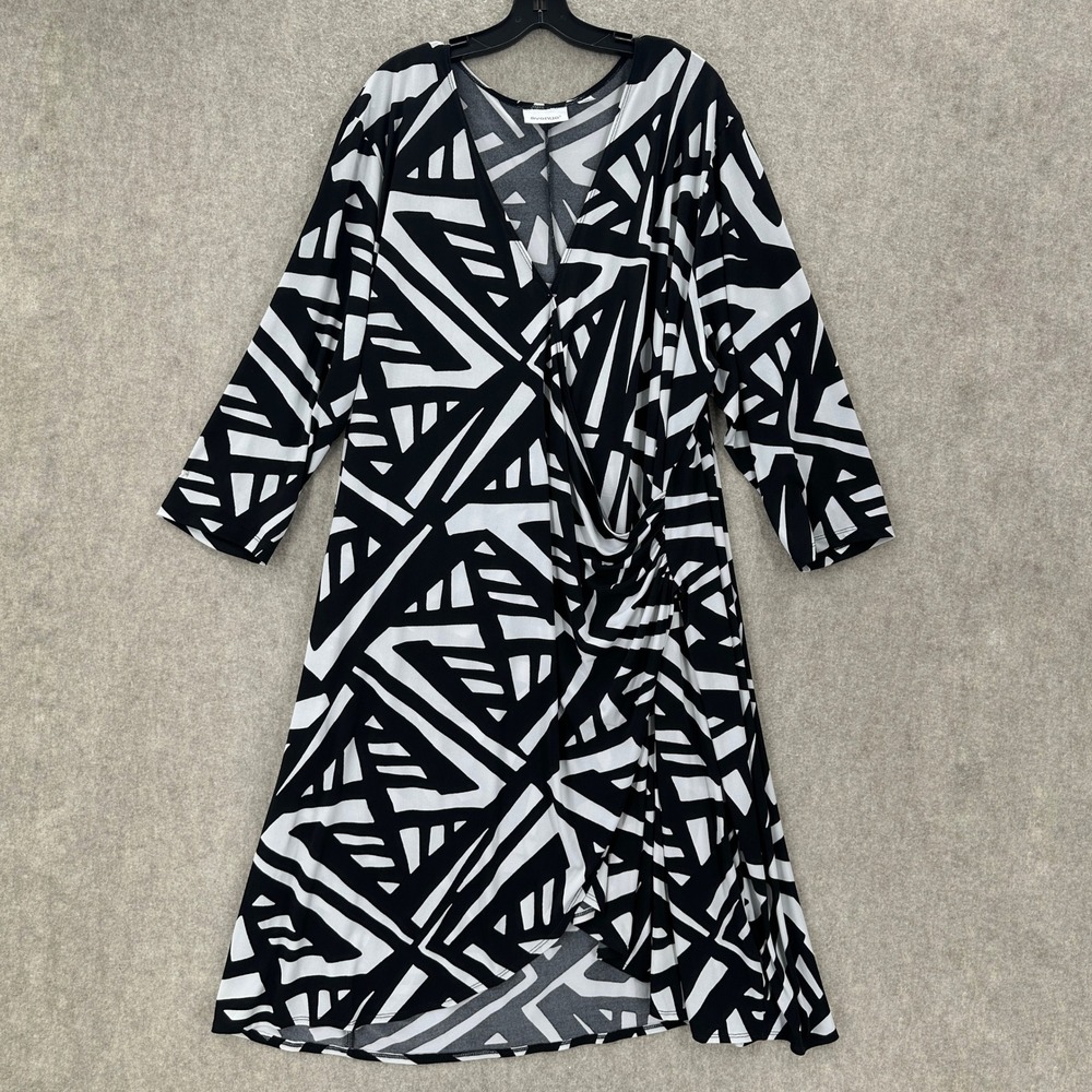 Avenue Faux Wrap Dress Womens 30/32 Black White Geometric Abstract 3/4 Sleeve